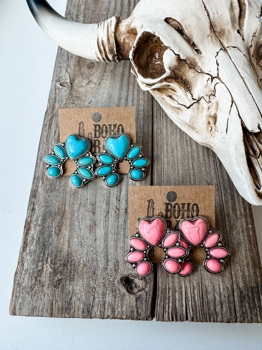 Western Heart Squash Blossom Stud Earrings