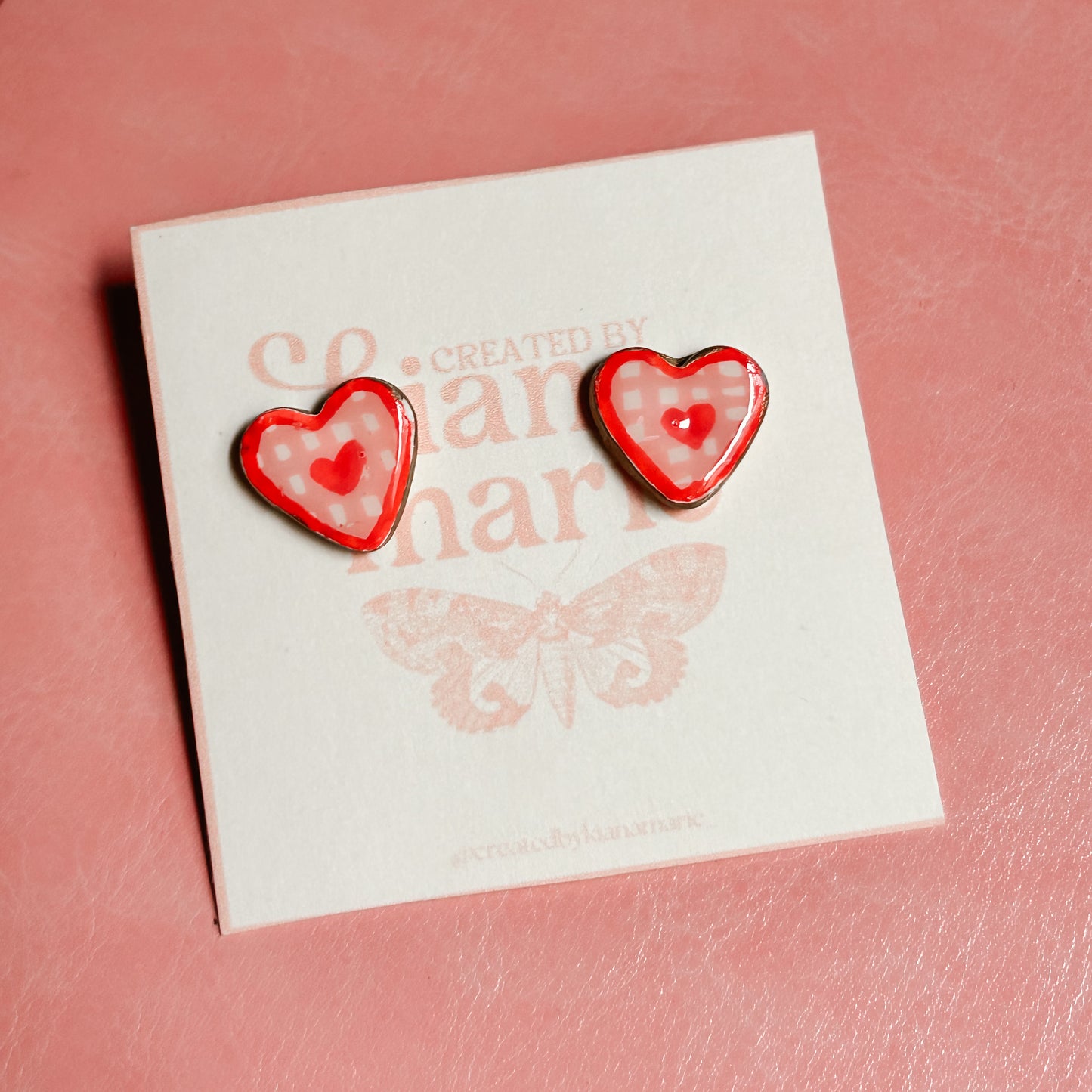 Pink Gingham Heart Earrings