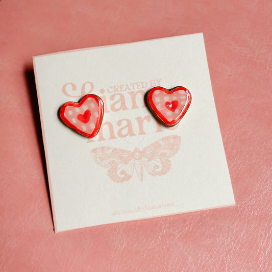 Pink Gingham Heart Earrings